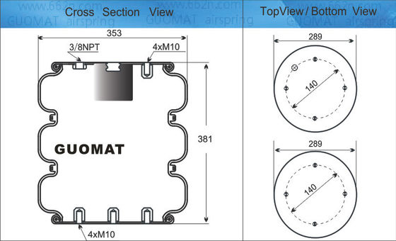 بهار هوا صنعتی 4xM10 پیچ GUOMAT NO. 3B7383-3/8 Bellow No.3B383 قطر طبیعی 351mm